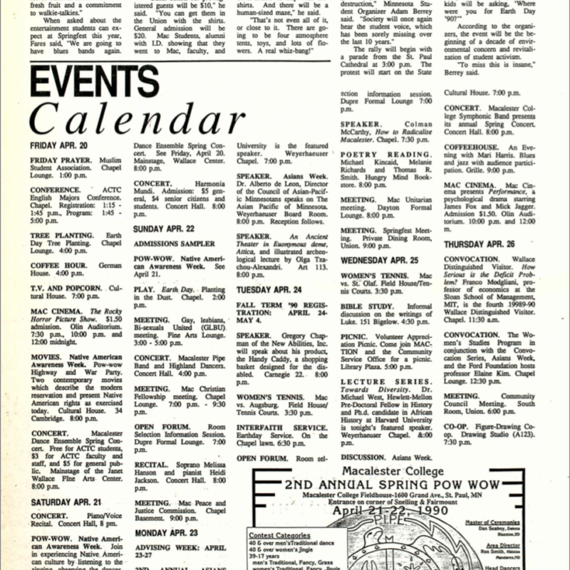 Mac Weekly, April 20, 1990, Events calendar, including Springfest and Earth Day